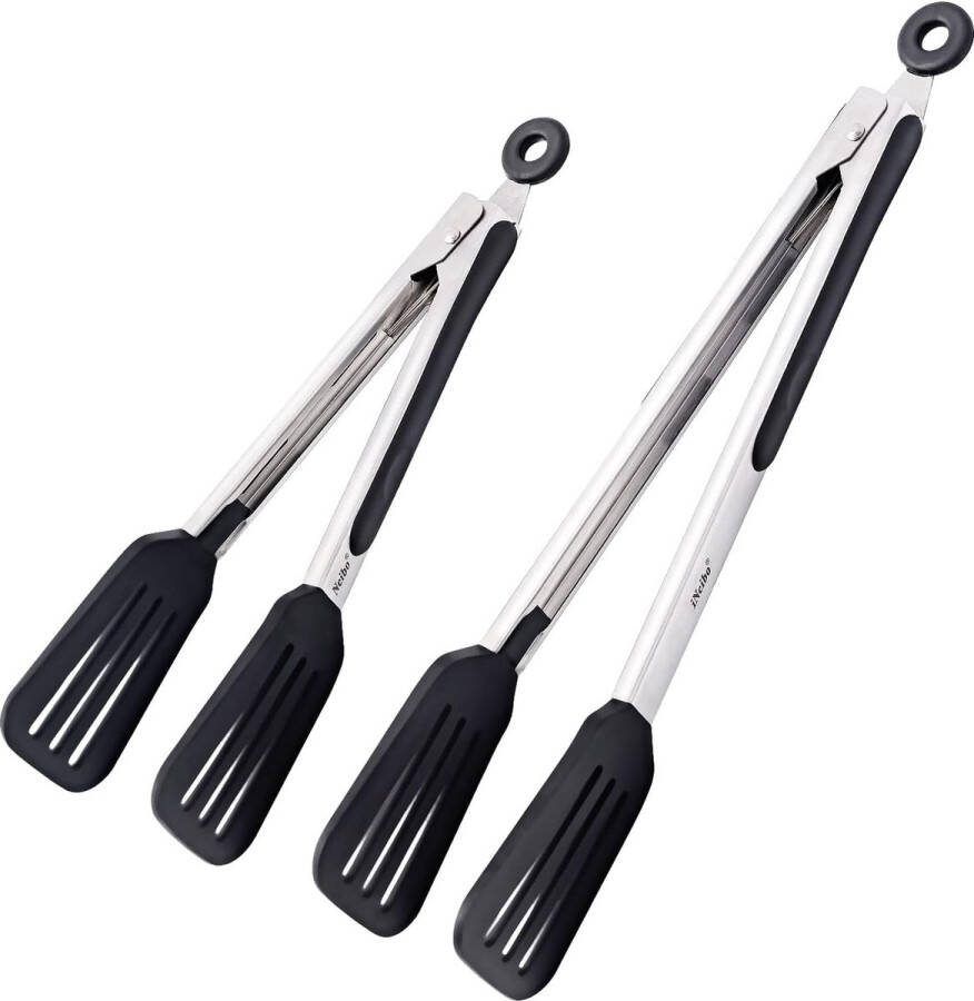 Grilltang keukentang tang keuken van roestvrij staal en siliconen vleestang serveertang met hittebestendige siliconen handgreep set van 2 (30 23 cm) zwart ideaal voor grillen koken