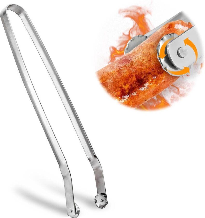 Grilltang met wieltjes lang voor worst fruitsalade vlees BBQ sausage turning tongs voor koken draaibare worstdraaigang grilltang van metaal roestvrij staal keukentang om te koken