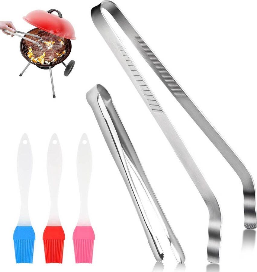 Grilltang roestvrij staal geribbeld handvat siliconen bakkwast professionele tangenpincet 2 stuks