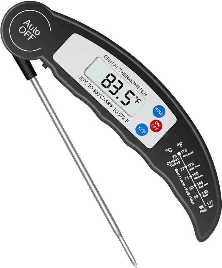 Grillthermometer vleesthermometer keukenthermometer digitale thermometer met 3 seconden direct uitlezen opvouwbaar lange sonde en lcd-scherm automatisch aan uit voor keuken barbecue