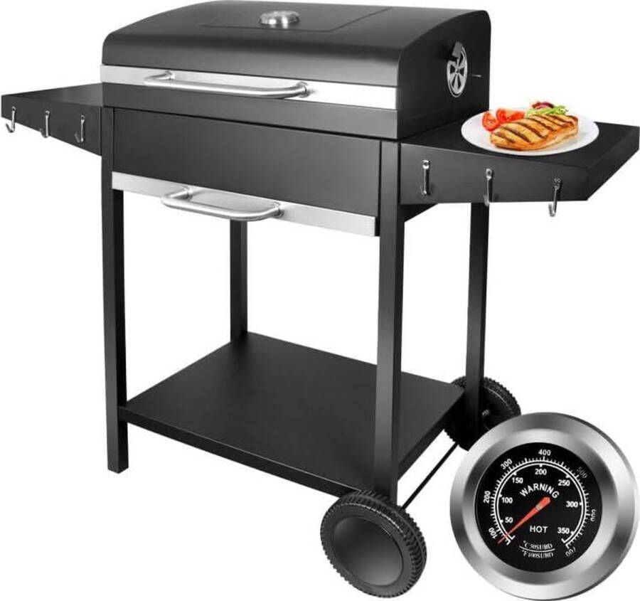 Grillwagen houtskoolgrill met deksel XXL kolengrill met wielen en thermometer en twee planken grote houtskoolbarbecue voor camping en tuin