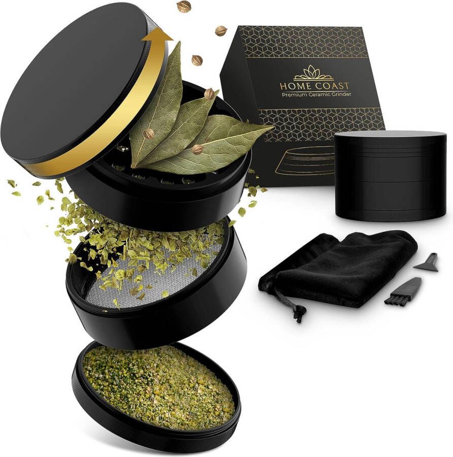 Grinder Crusher Ø 63mm 4-delig Nano keramiek gecoate kruidenmolen met accessoires incl. doos reinigingsset en draagtas voor onderweg