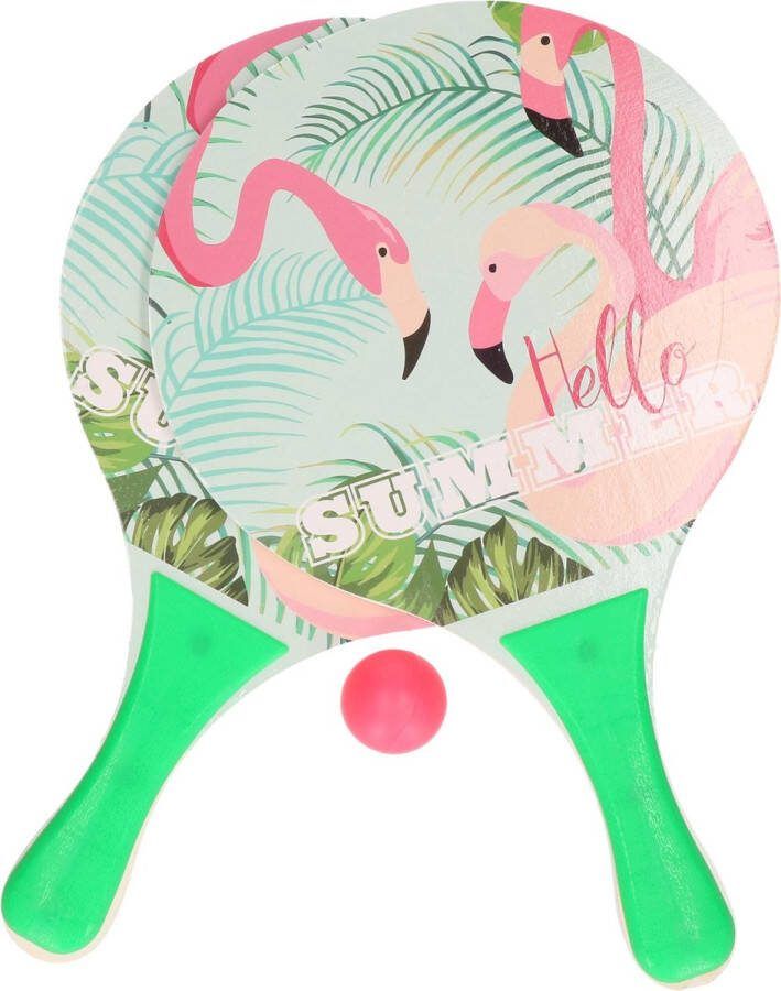 Groene beachball set met flamingoprint buitenspeelgoed Houten beachballset Rackets batjes en bal Tennis ballenspel