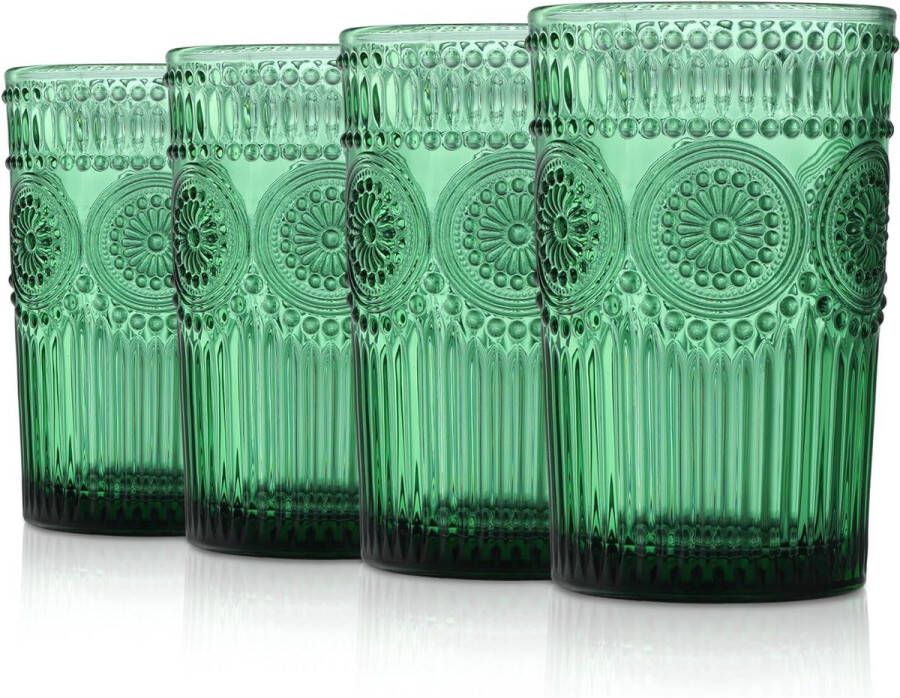 Groene drinkglazen geribbeld reliëf waterglazen longdrinkglazen drinkbekers met zonnebloemmotief romantisch glaswerk voor sap whisky dranken water 350 ml set van 4