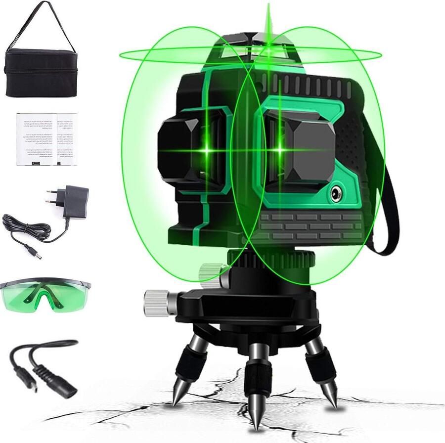 Groene Kruislijnlaser 30M Bereik 3x360° Laserniveau Zelfnivellerend 6M ± 1mm Groene Straal 3D 12 Lijnen 360° Omschakelbare Verticale Laser IP54 Stof- en Waterbestendigheid (Inclusief 2 Batterijen)