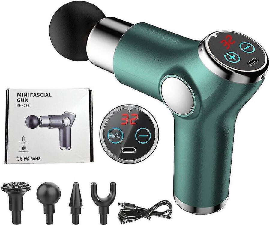 Groene Massagegun + 4 Opzetstukken Massagepistool Massage Gun Massage Pistool Massageapparaten Draadloos professioneel Sport