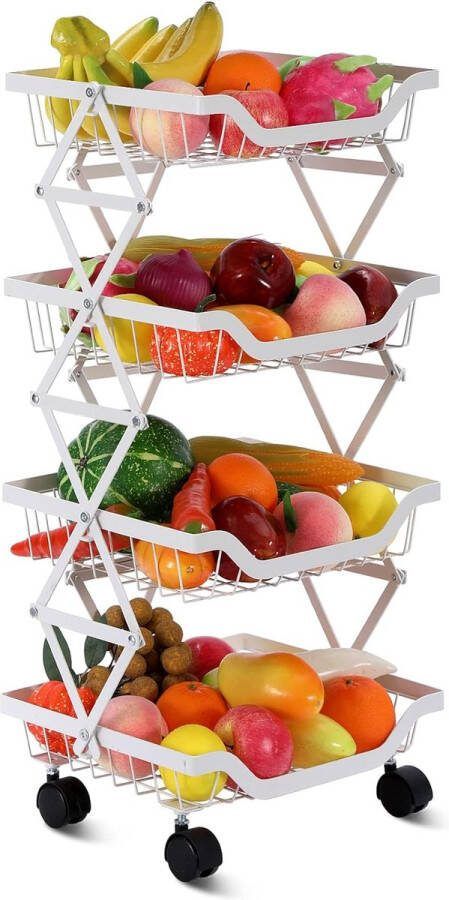 Groentemand 4 etages fruitmand instelbaar met afsluitbare wielen fruitmand groentekist voor keuken eetkamer badkamer garage wit