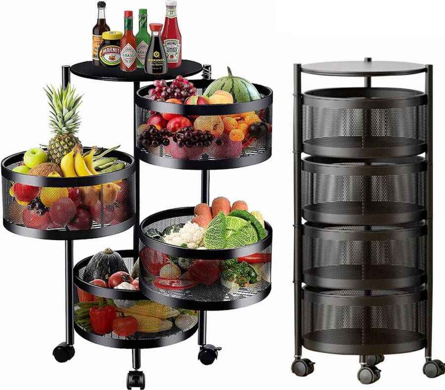 Groenterek fruitrek 360 graden draaibaar meerlaags keukenrek 4 niveaus keukenwagen rolwagen voor groenten en fruit opslag voor keuken badkamer woonkamer