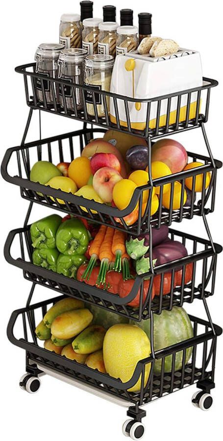 Groenterek stapelbare fruitmand met 4 niveaus met afsluitbare wielen en 5 S-haken voor keuken eetkamer badkamer garage