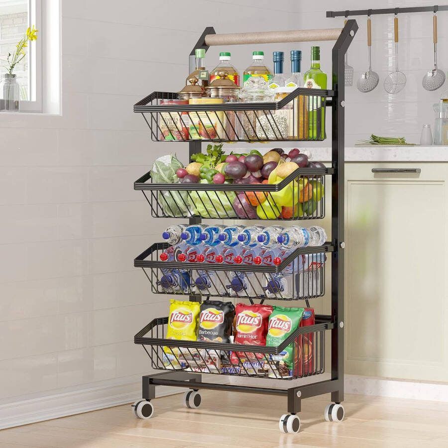 Groenterek voor keuken stapelbare fruitmand groenten opbergwagen keukenwagen met afsluitbare wielen en houten plaat voor badkamer keuken kantoor (handvat van hout)