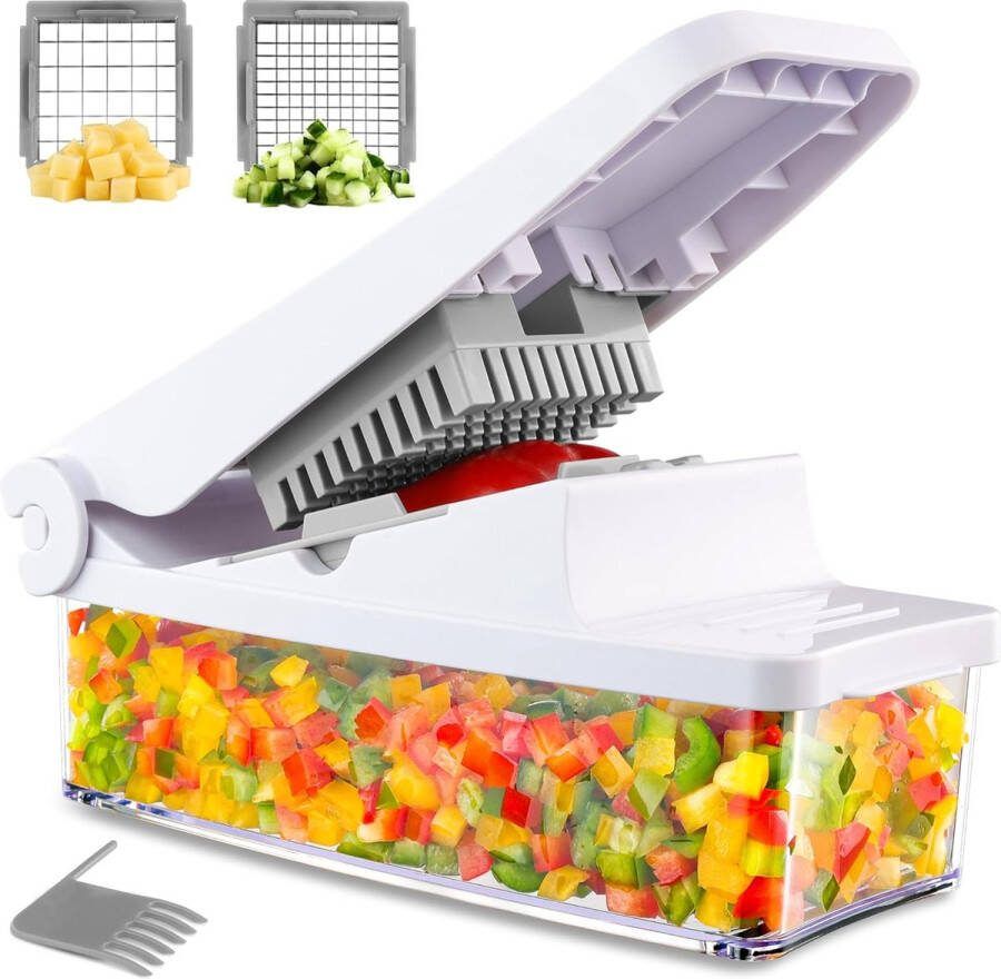 Groentesnijder Dobbelsteensnijder met 2 verwisselbare messen Uiensnijder Aardappelsnijder Fruitsnijder met 1 2 L container voor salade ui aardappel wortel (wit)