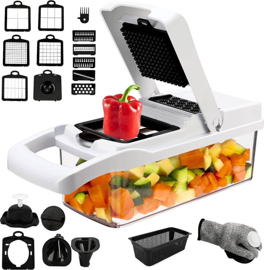 Groentesnijder met 12 messen van roestvrij staal handschoenen kubussnijder uiensnijder groentechopper dicer voor groenten en fruit wortels aardappelen knoflook