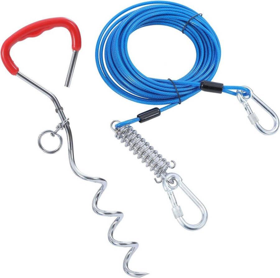 Grondanker hond 10 meter lange hondenriem met schokabsorberende veer 42 cm spiraalvormige grondpen paal hondenketting voor tuin buiten camping blauw + rood Grondanker hond
