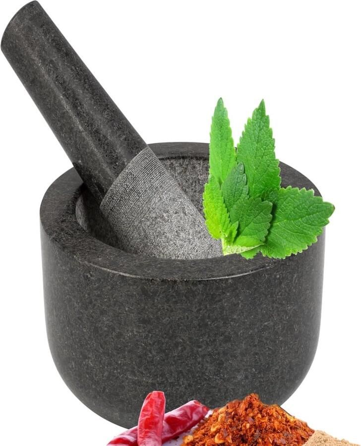 Groot granieten vijzel en stamper duurzaam en robuust voor specerijen pesto kruiden massief steenvijzel Ø 16 cm