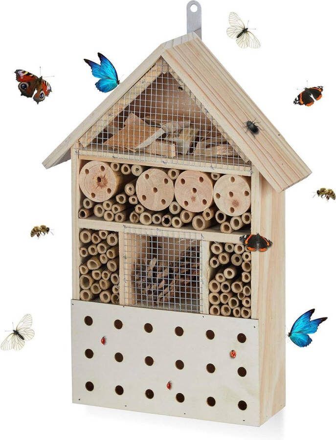Groot insectenhotel nestkast voor bijen & kevers tuin balkon bijenhotel hangend HBD 40 x 28 x 9 cm natuur