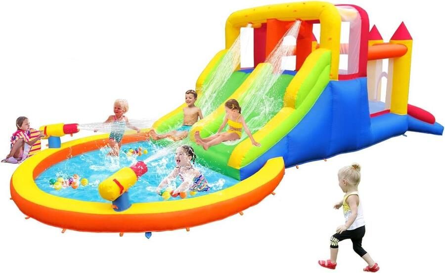 Groot opblaasbaar kinderspringkasteel met natte en droge glijbaan avontuurspeelplaats voor de tuin tot 5 kinderen 200 kg 628 x 293 x 195 hm Springkasteel