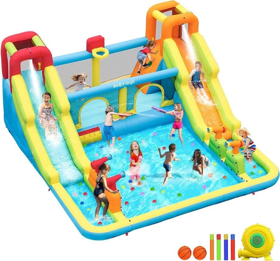 Groot springkasteel met dubbele waterglijbaan en ventilator XXL springkasteel met 4 waterspuitkanonnen SportBob 2 klimwand basketbalmand springen kinderbadje voor kinderen outdoor indoor 452 x Springkasteel