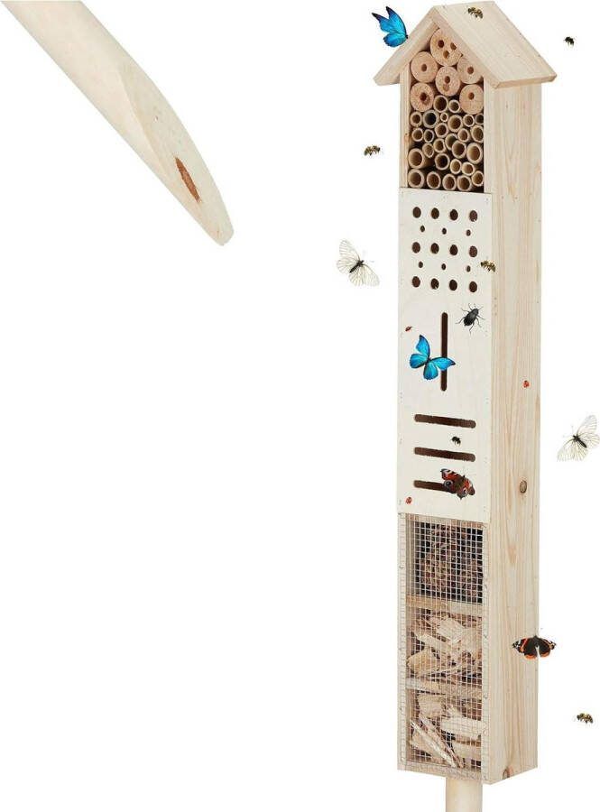Groot staand insectenhotel met grondspijker nesthulptuin voor wilde bijen 148 cm hoog hout naturel 148 x 16 x 11 cm