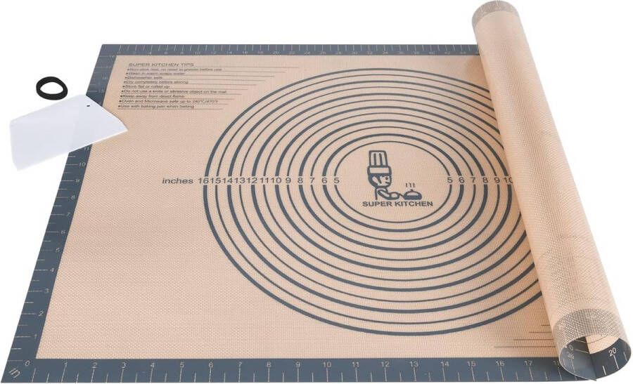 Grote antislip bakmat siliconen bakmat met deegsnijder XXL anti-aanbaklaag uitrolmat siliconenmat bakfolie fondant pizza deegmat tafelmat (grijs 71 x 51 cm)