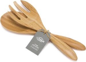 Grote bamboe saladebestek ecologisch keukenhulphout set van kooklepel en vork 2-delig keukengerei houten lepelset kookgerei keukentang spaghettitang 30 5 cm