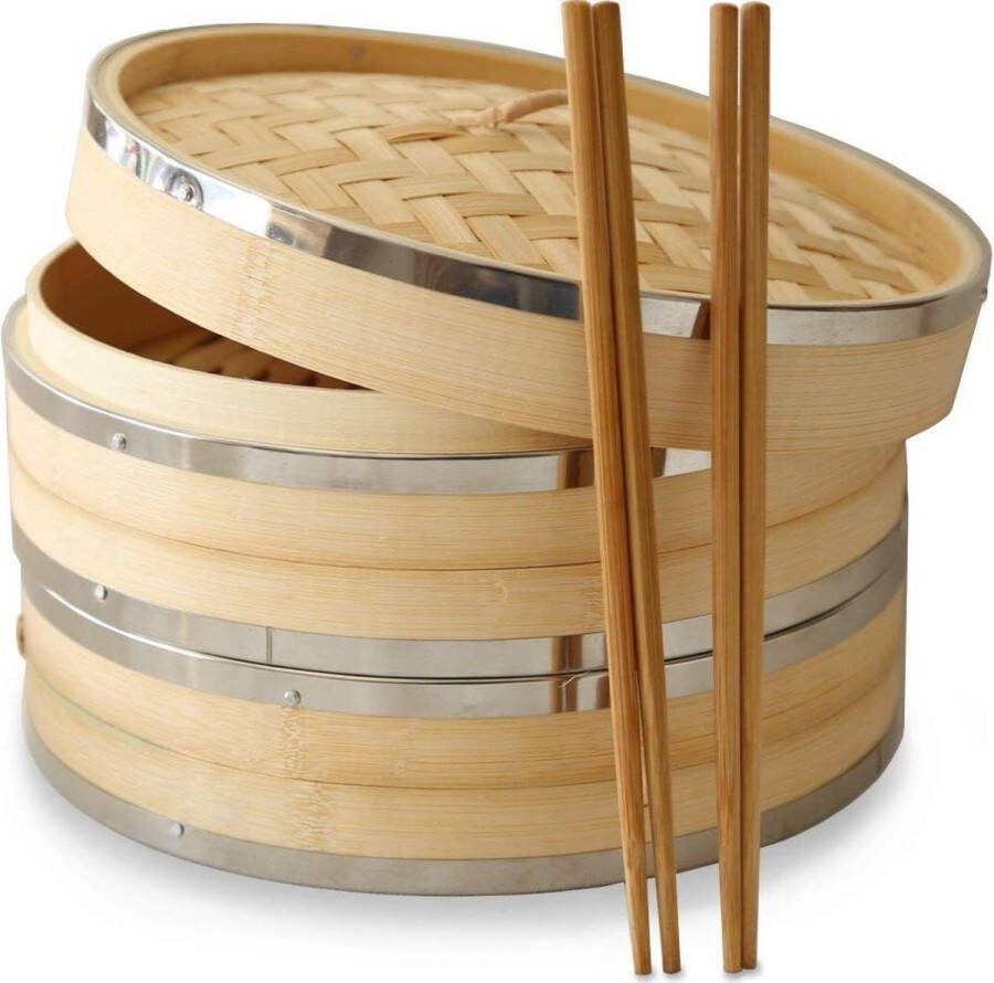 Grote Bamboe Stomer van 10 Duim (25-4cm) 2 Tiers met Deksel Sterk Duurzaam en Versterkt Beste voor Dim Sum Groenten Vlees en Vis