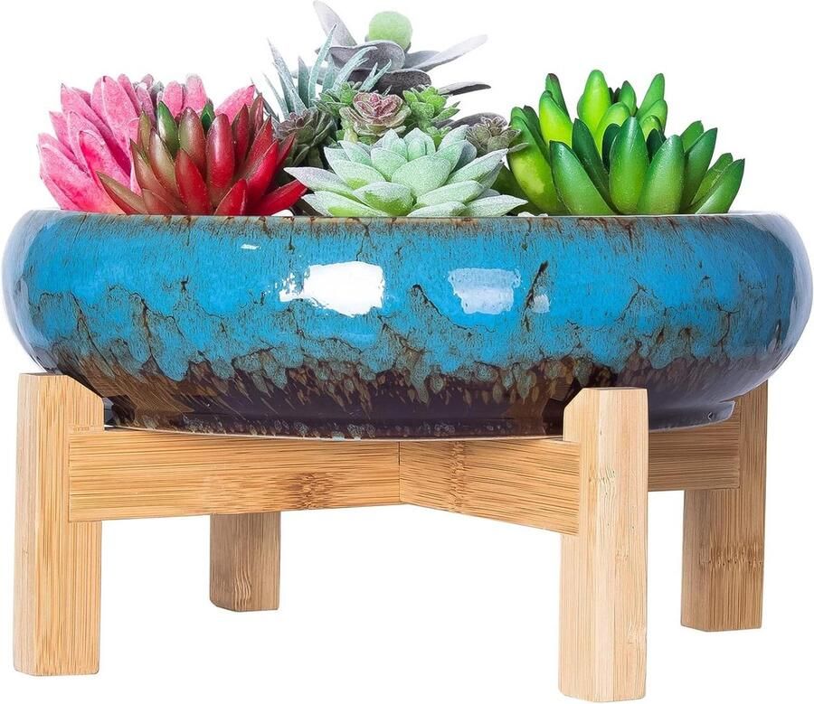 Grote Bonsai Pot met Stand Ondiepe Vetplant Pot Cactus Plant Pot met puinhoop Drainage Scherm 254 CM Keramische Bloem Plant Container Bowl Binnen Buiten Blauw