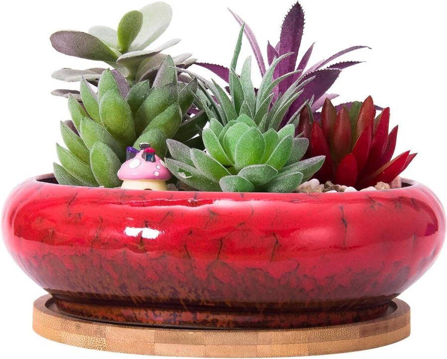 Grote Bonsaipot 185 cm met Dienblad Keramische Vetplant met Drainagegat Ondiepe Cactusbloempot Voor Binnen en Buiten Rood