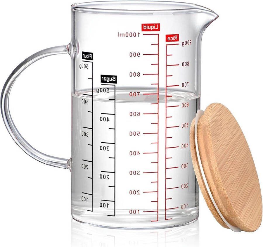 Grote doorzichtige glazen maatbeker met handvat en deksel voor keuken-restaurant(04)