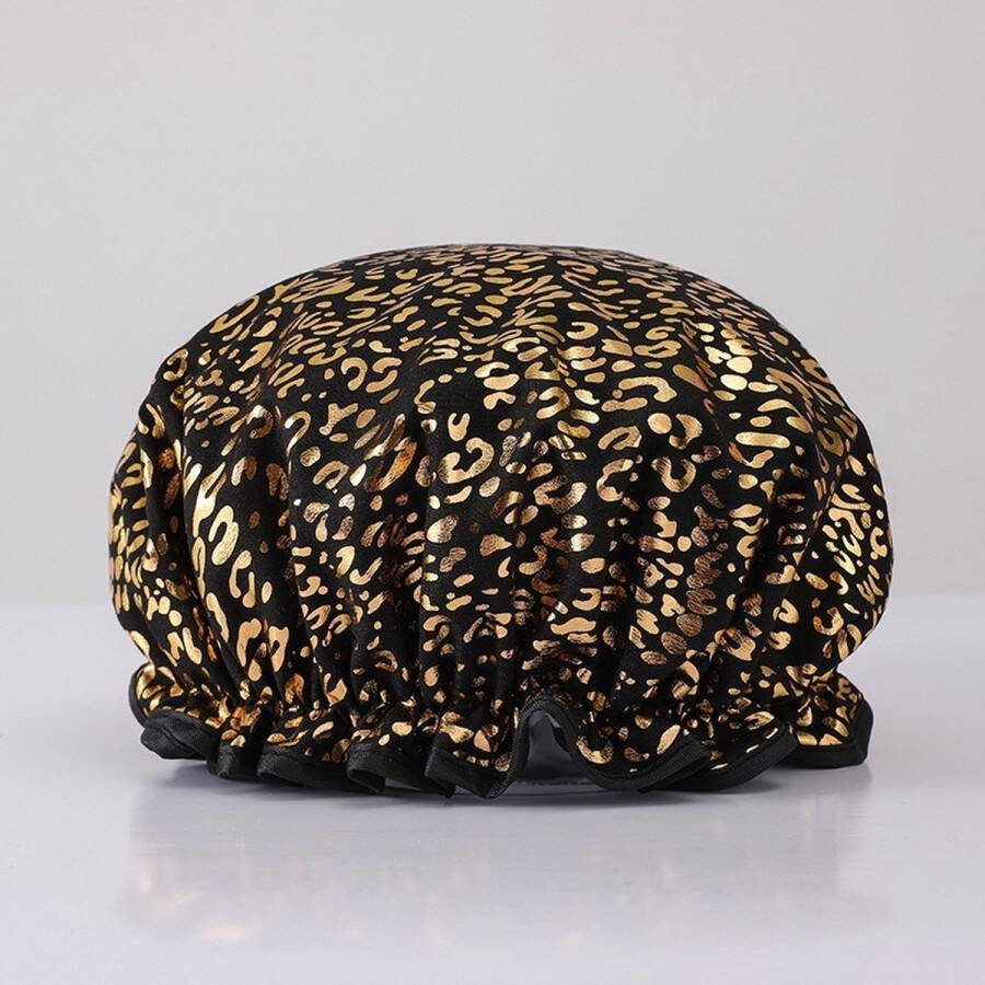 GROTE Douchemuts Shower cap Douchekapje Douche cap voor vol haar krullen afro Zwart met Gouden leopard