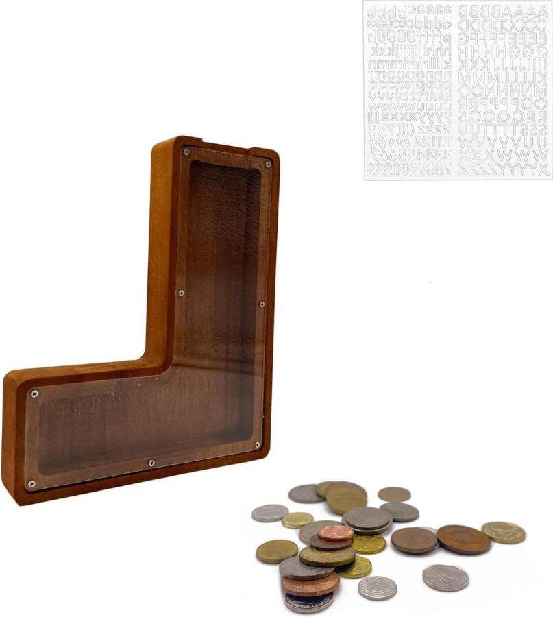 Grote houten letter L spaarpot 23 cm 9 inch A-Z alfabet spaarpot houten munt spaarvarken volwassenen kinderen verjaardagscadeau