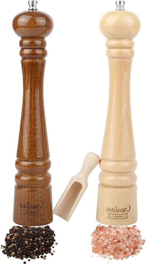 Grote Houten Peper en Zoutmolen Set van 2 Slijpmachines met Mini Houten Lepel 315 cm Hoogte Natuurlijk Beukenhout Handmatig Verpletteringsmechanisme
