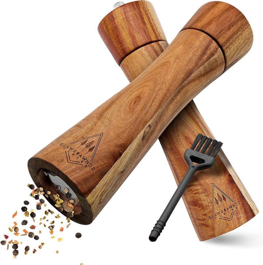 Grote houten zout- en pepermolen (21 cm) set van 2 met keramische molen inclusief peper en zout kruidenmolen met reinigingskwast receptenboek keukenhulp cadeau-idee