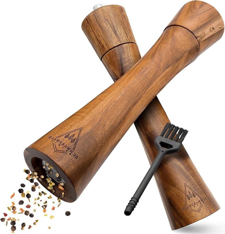 Grote houten zout- en pepermolen (255 cm) set van 2 met keramisch maalwerk inclusief peper- en zoutmolen receptenboek en reinigingskwast perfect keukenhulp cadeau-idee Zout en pepermolen