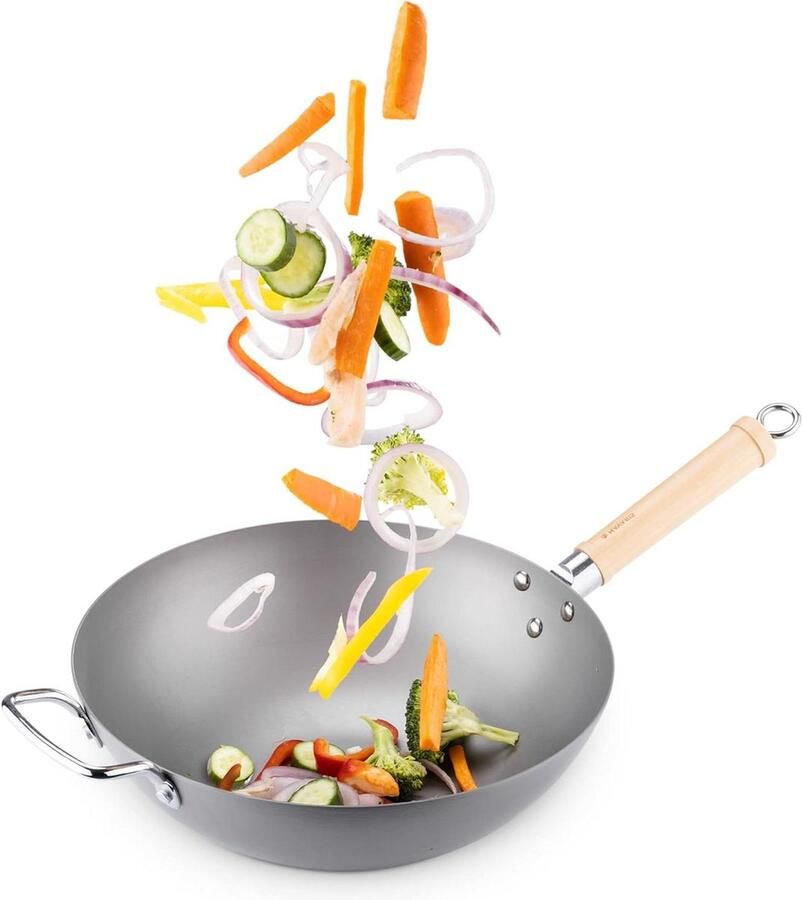 Grote inductie wokpan Koolstofstalen wok met handvaten Carbon steel wok 30 cm diameter Voor roerbak- en wokgerechten