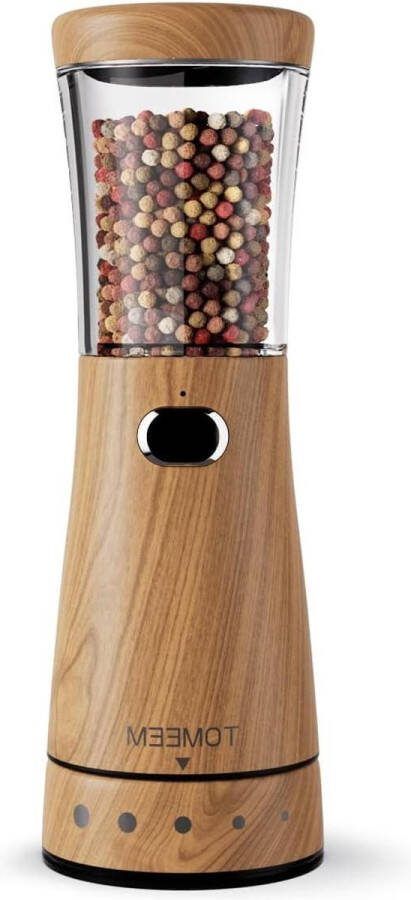 Grote inhoud elektrische zout- of pepermolen 110 gram roestvrij staal en houten design instelbare grofheid en ledlicht oplaadbaar via USB ideaal voor keuken gebruik