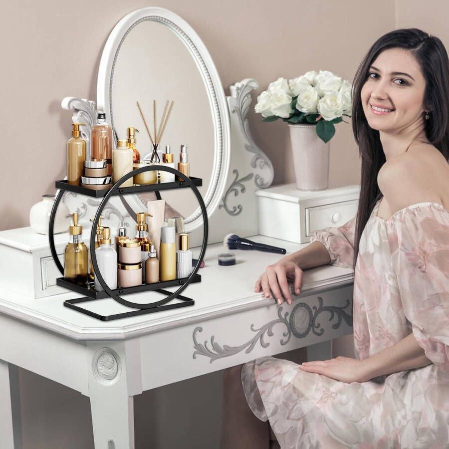 Grote inhoud make-up organizer voor parfum en huidverzorging 2-traps cosmetica display dienblad voor badkamer zwart