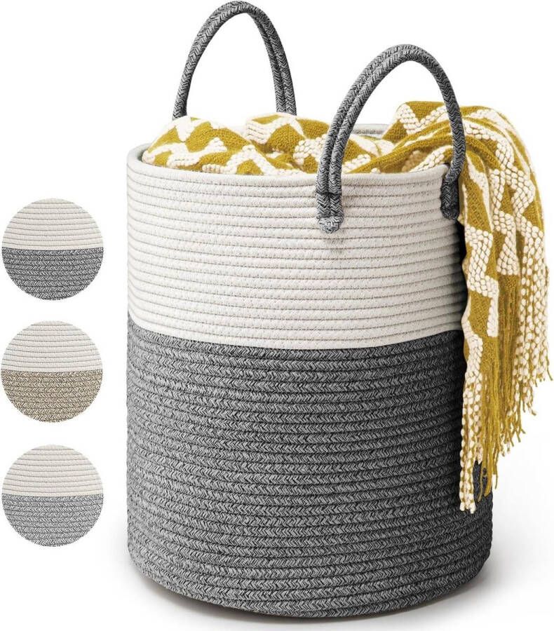 Grote Katoenen Touw Wasmand 39L Deken Opbergmand D35 x H40 CM Opvouwbaar en Handig in Gebruik (Donkergrijs) storage basket
