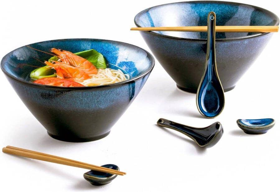 Grote Keramische Japanse Ramen Soepkom Met Eetstokjes Saladekommen En Voedsel Container Voor Ramen Blauw