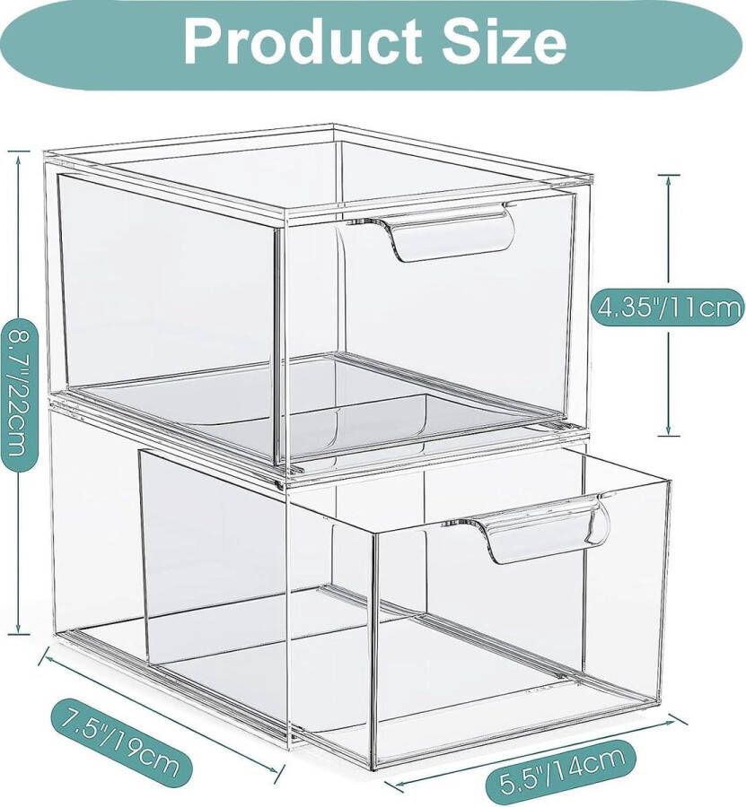 Grote make-up organizer set van 2 stapelbare transparante cosmetica-opbergdozen voor slaapkamer en badkamer