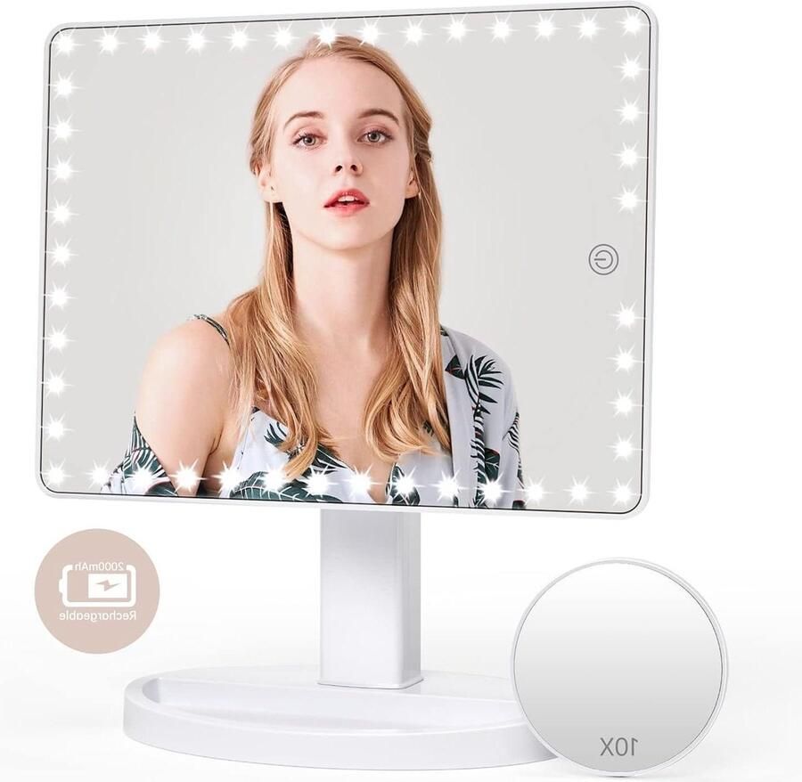 Grote make-upspiegel met oplaadbare LED-touchscreenlampen-afneembare 10x vergroting 360 graden draaibaar werkt op batterijen (Wit)