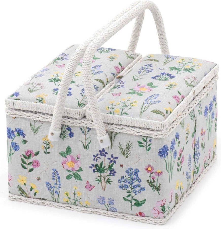 Grote naaidoos met twee deksels en accessoirelade Exclusief speldenkussen PVC-handgrepen 25 x 25 x 17 cm Lente tuin Naaidoos opbergbox