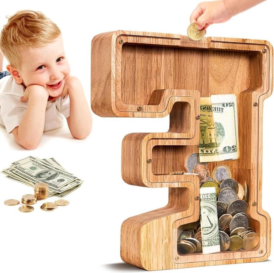 Grote Onbreekbare Houten Letter Piggy Bank Spaarpot Muntbank Initial F