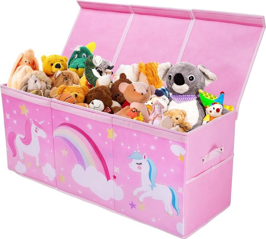 Grote opbergdoos met deksel voor kinderen opvouwbare Oxford-gaasvakken speelgoedkist met handvat stevige waterdichte speelgoedopslag in de kinderkamer 96 x 32 x 40 cm (roze eenhoorn)