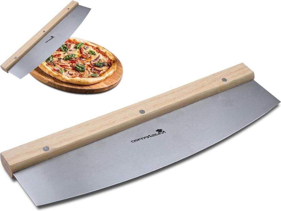 Grote pizzasnijder roestvrij stalen lemmet professioneel pizzames snijd pizza nauwkeurig MasterPro Foodies afmetingen 35 x 10 x 2 cm pizza cutter