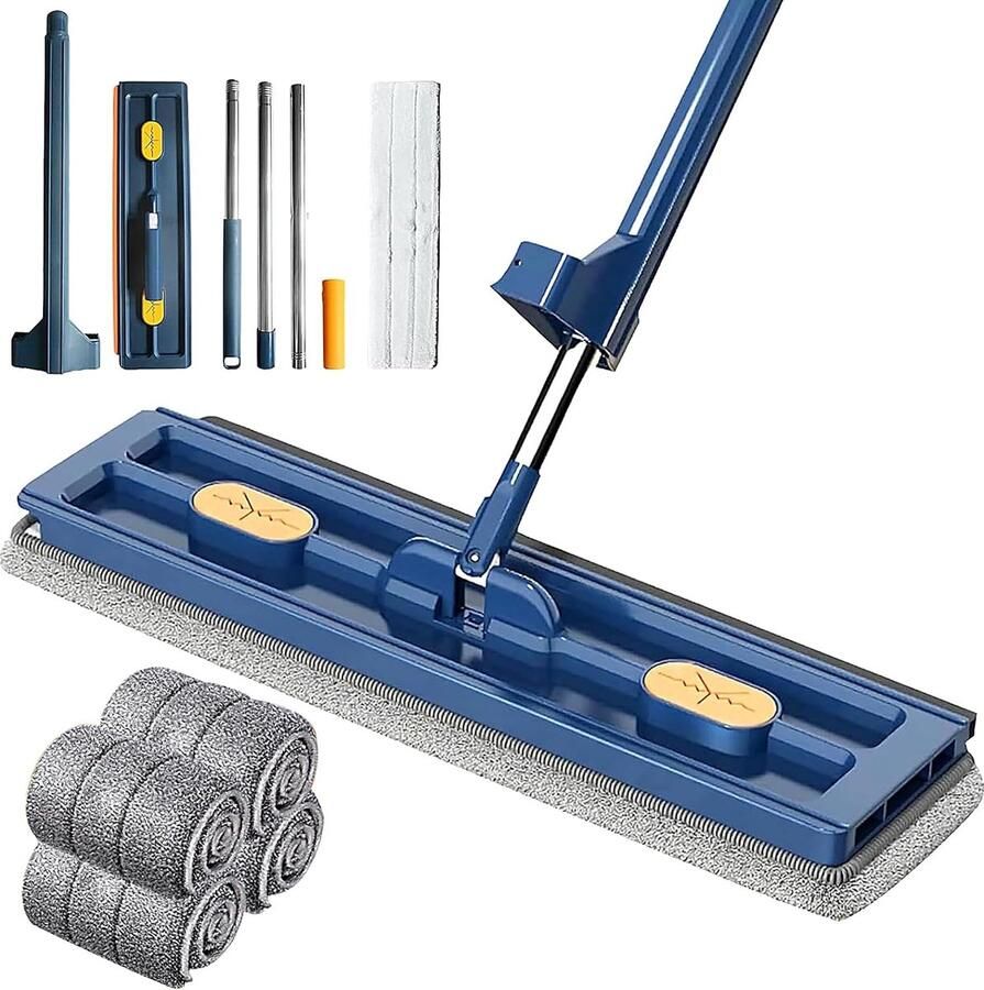 Grote platte mop met uitwringfunctie 360° draaischarnier vloerwisserset natte en droge mop voor het huishouden met 4 microvezel-dweilpads