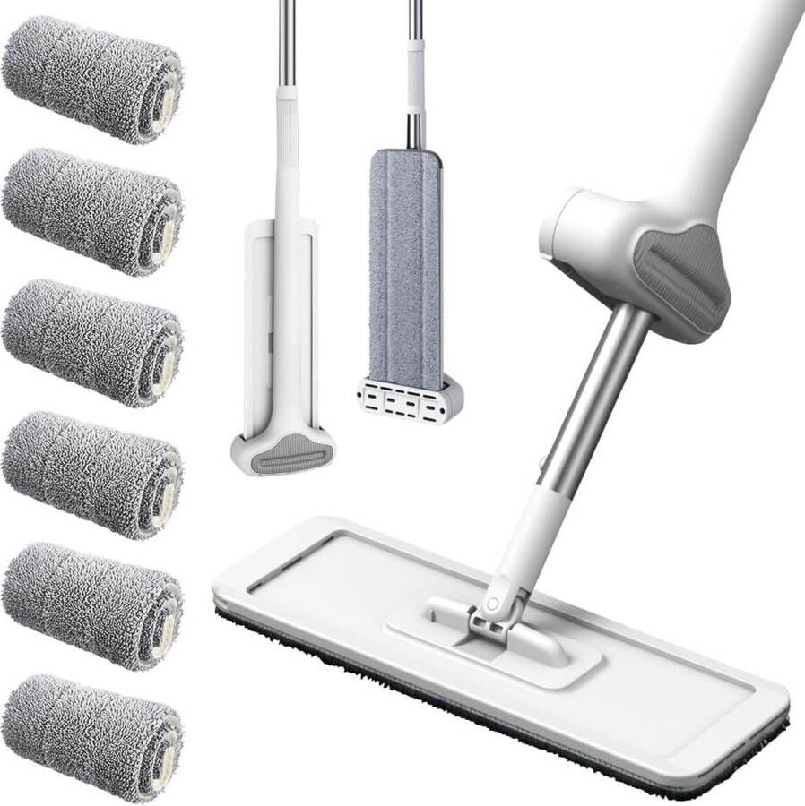 Grote platte mop platte mop met uitwringfunctie platte dweil 360° draaischarnier vloerwisserset platte mopset herbruikbare zelfreinigende platte mop (wit 6 pads)