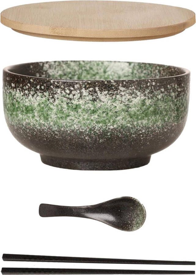 Grote Ramen Bowl Keramische Set (4 stuks) Lepel Eetstokjes 1100 ML Soepkom Slakommen Soep Pho en Sushi Bowl Groen Kommenset