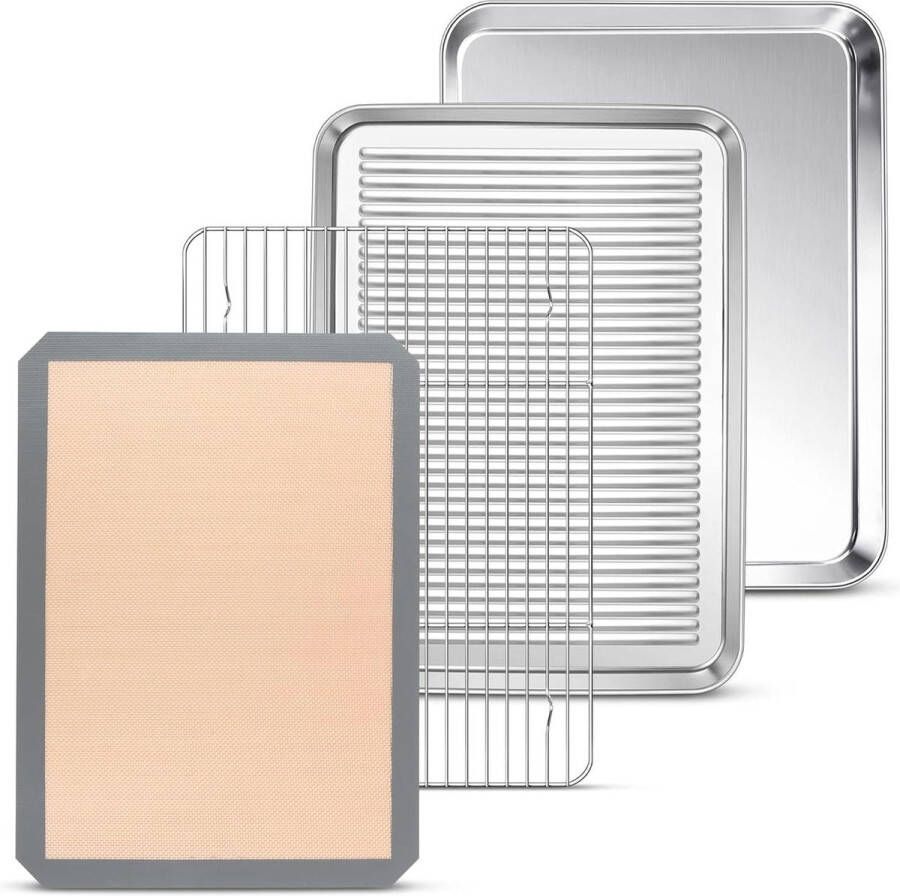 Grote rechthoekige ovenplaat set van 4 roestvrij staal 405 x 305 x 25 cm bakplaat met afkoelrooster en bakmat vaatwasmachinebestendig sheet pan extender