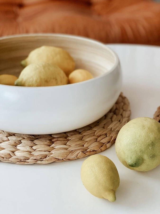 Grote ronde bamboeschaal chipschaal kom bamboe fruitschaal zijdemat gelakt 30 cm wit