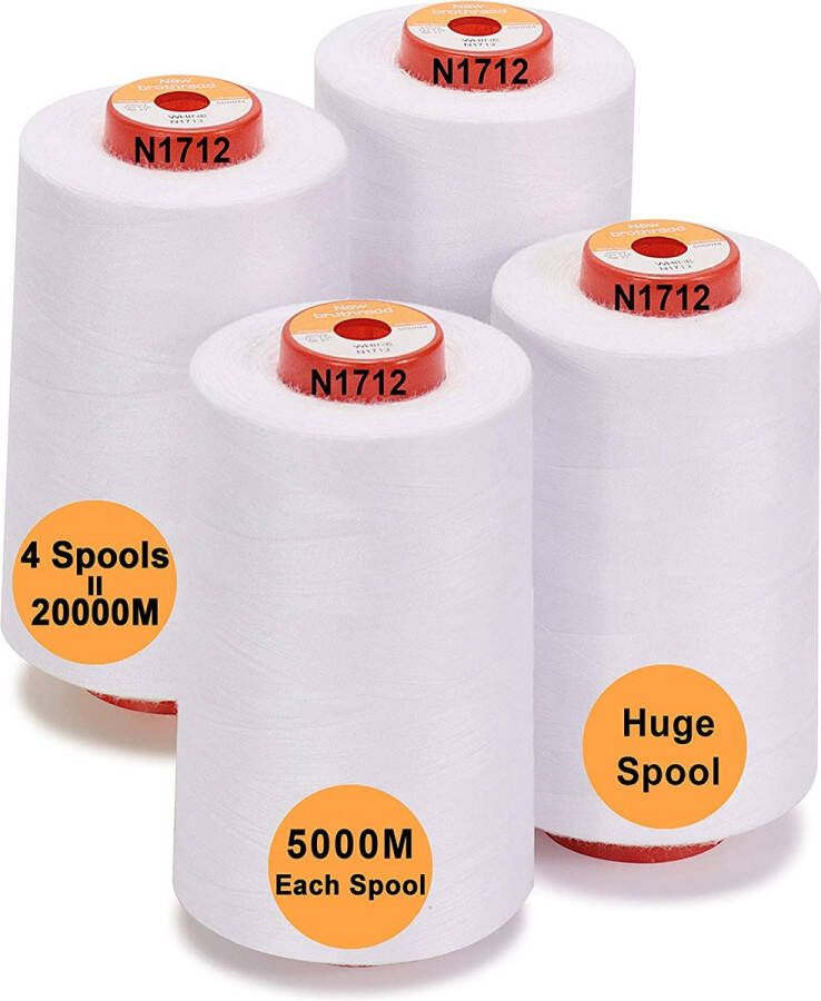 Grote set van 4 kegels wit polyester naaigaren voor alle doeleinden 40S 2 (Tex27) geschikt voor naaien quilten patchwork serger en overlock